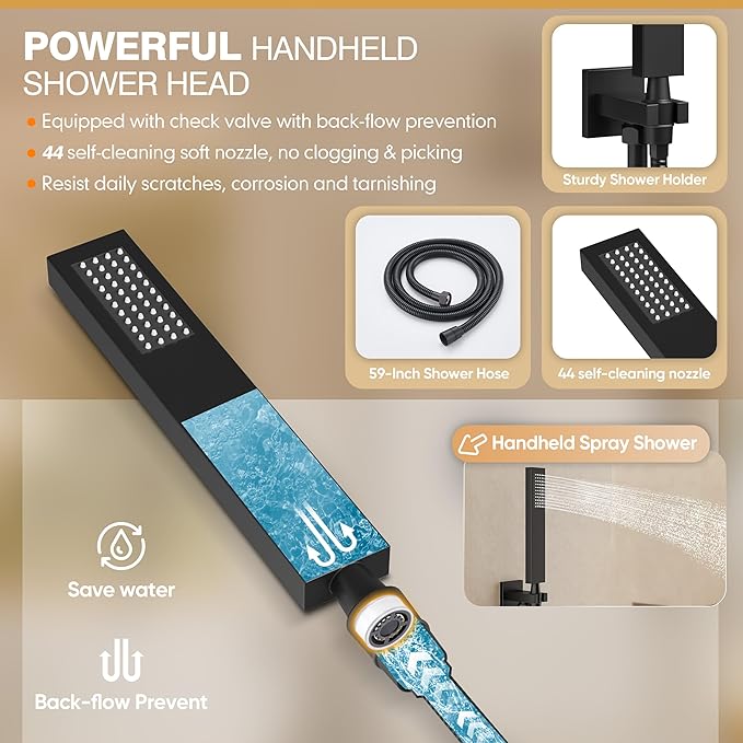Black Shower System, Shower Faucet Set with 3 In 1 Push Button Valve, Shower Faucet included 10" Ceiling Shower Head and 8" Wall-Mount Shower Head with Handheld Spray, Matte Black