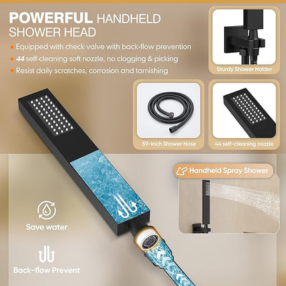 Black Shower System, Shower Faucet Set with 3 In 1 Push Button Valve, Shower Faucet included 10" Ceiling Shower Head and 8" Wall-Mount Shower Head with Handheld Spray, Matte Black