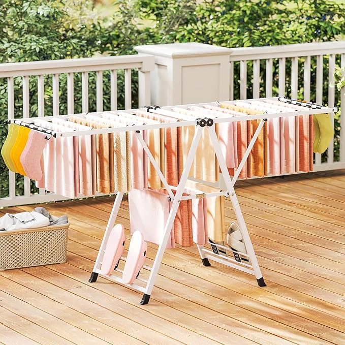 Giantex Clothes Drying Rack, Foldable Metal Laundry Drying Rack with Height Adjustable Wings, 16 Drying Rails, Sock Clips & Shoe Racks, Freestanding Clothing Stand for Indoor & Outdoor, White