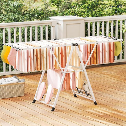 Giantex Clothes Drying Rack, Foldable Metal Laundry Drying Rack with Height Adjustable Wings, 16 Drying Rails, Sock Clips & Shoe Racks, Freestanding Clothing Stand for Indoor & Outdoor, White