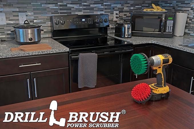 Drill Brush - Indoor/Outdoor Medium and Stiff 4-inch Round - Spin Brush - Combo Kit - Cleaning Supplies - Stove, Oven, Sink - Grout Cleaner - Outdoor Rug - Deck Brush - Algae, Mold, Mildew, and Moss