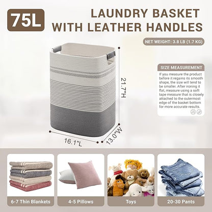 75L Tall Laundry Hamper with Handles for Living Room Storage, Large Woven Rope Baskets Bin for Blanket, Kids Toy, Gifts, Wicker Hamper for Bedroom Dirty Clothes, 16"x13"x22" White Grey