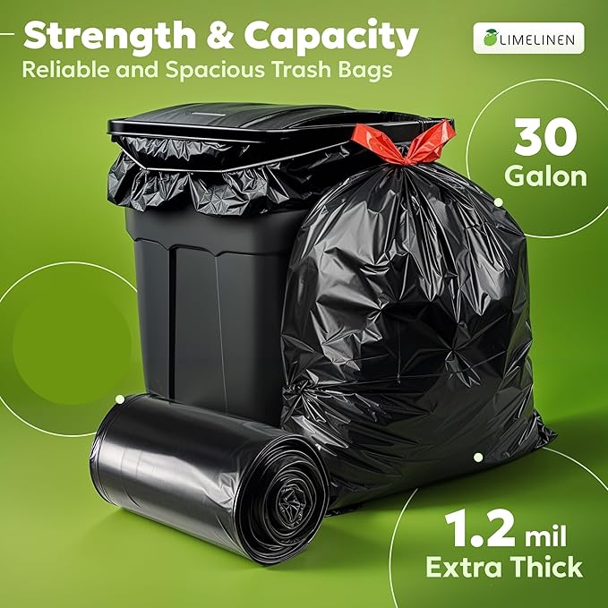 LIMELINEN 30 Gallon Garbage Trash Bags, 100 Count, 1.2 mil Extra Thick Trash Bags with Drawstring Closure, Leak and Odor-Resistant Large Plastic Bags For Office, Home, Hospital, Big Waste Binst