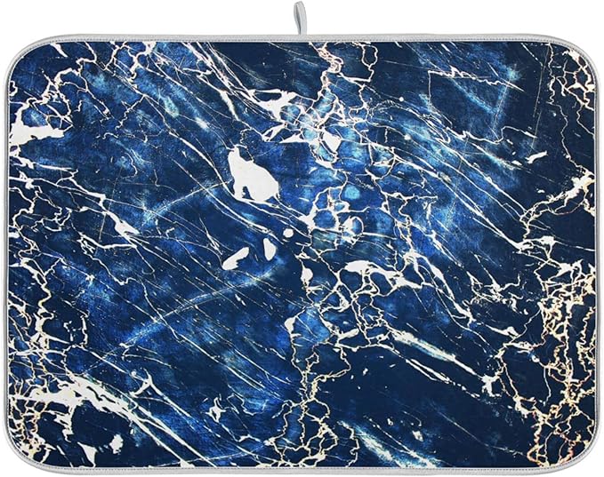 Super Absorbent Dish Drying Mat, Microfiber Fast-Drying Dish Mat, 24" x 18", Kitchen Dish Drying Pad, Marble Black Navy Blue