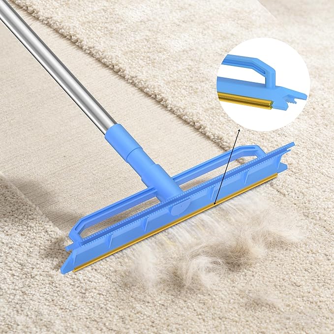 Double-Sided Carpet Rake – Long Handle Pet Hair Removal Tool for Carpets, Furniture & Car Interiors, Adjustable & Durable Stainless Steel Hair Remover Sweeper