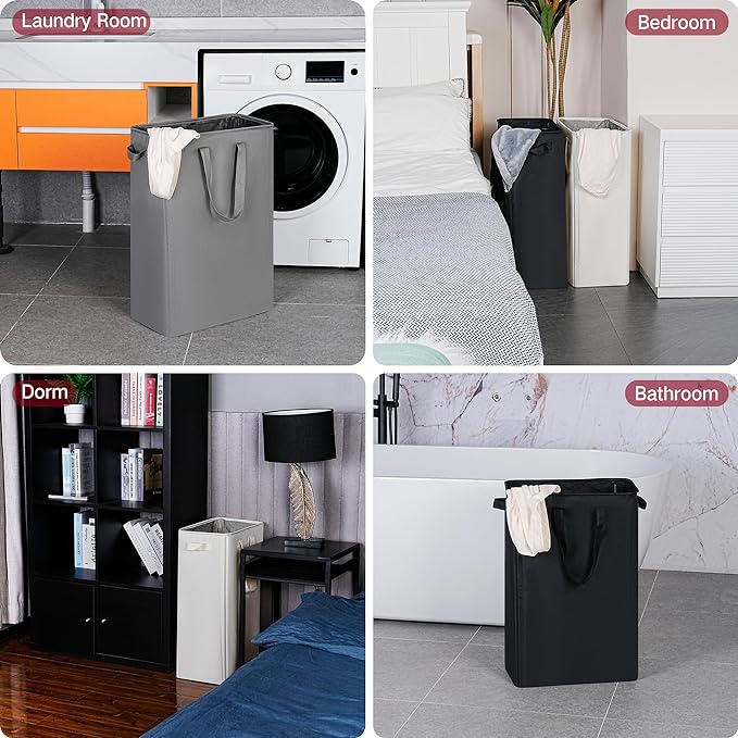 efluky Slim Laundry Basket, Narrow Laundry Hamper with Handles, Collapsible Dirty Clothes Hamper, Tall Laundry Bin for Laundry Room, Dorm and Bedroom, 19.8 Gallon(75L) Black (Pack of 2)
