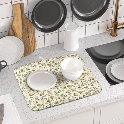 Spring Summer Daisy Floral Leaf Dish Drying Pad 16 x 18 Inch With Absorbent Reversible Microfiber Green Brown Leaves Flowers Drying Mats Dish Drainer Mat Fast Dry For Kitchen Dining Room Decoration