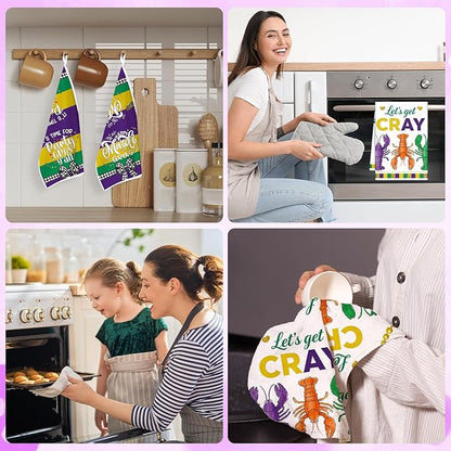 Mardi Carnival Gras Kitchen Towels, 4PCS Let's Get Cray Dish Towels for Cooking Cleaning, Gnome and Crawfish Absorbent Tea Towel with Hanging Loop for Home Decor(16 X 24 Inches)