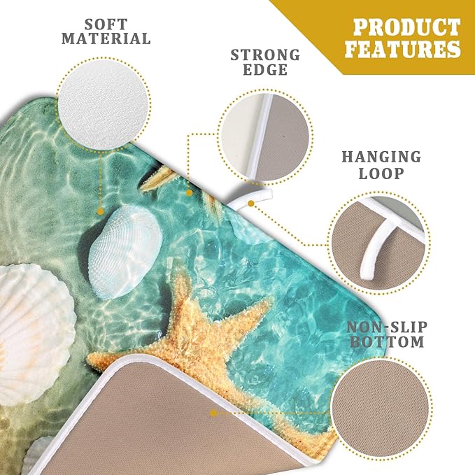 Summer Beach Style Dish Drying Mat for Kitchen Counter,Starfish and Seashell Drying Mat 16 x 18 Inch with High Absorbent Reversible Microfiber Dish Drying Pad Drainer Mat for Coffee Bar