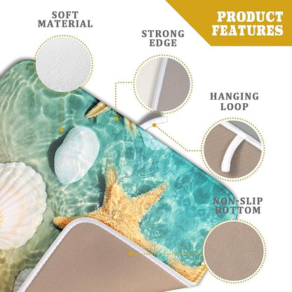 Summer Beach Style Dish Drying Mat for Kitchen Counter,Starfish and Seashell Drying Mat 16 x 18 Inch with High Absorbent Reversible Microfiber Dish Drying Pad Drainer Mat for Coffee Bar