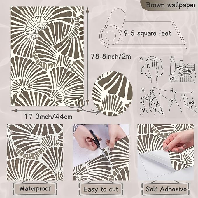 White and Brown Wallpaper Peel and Stick Wallpaper Boho 17.3"×78.8" Modern Wall Paper Removable Self Adhesive Wallpaper for Bedroom Brown Contact Paper for Cabinets Drawers Shelf Home Decor Vinyl Film
