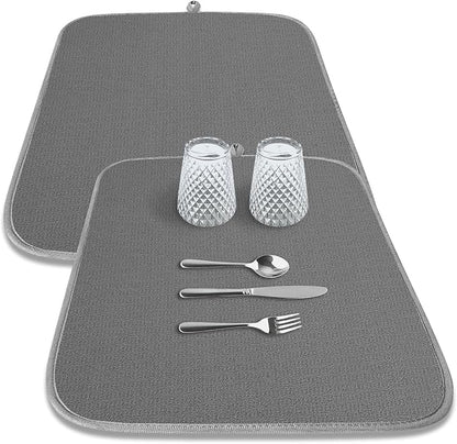 Kitsure Dish Drying Mat - 2-Pack Washable Microfiber Drying Mat for Kitchen Counter, 3-Layer Ultra Absorbent Pad with a Hanging Hook, 18" x 16", Dark Grey