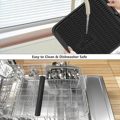 ZLR 2 Pcs Large Silicone Dish Drying Mat (16" x 18") - XL Heavy Duty Drainboard Mat for Pots, Pans & Family Loads - Heat Resistant Trivet & Counter Protector, Easy Clean (Black)