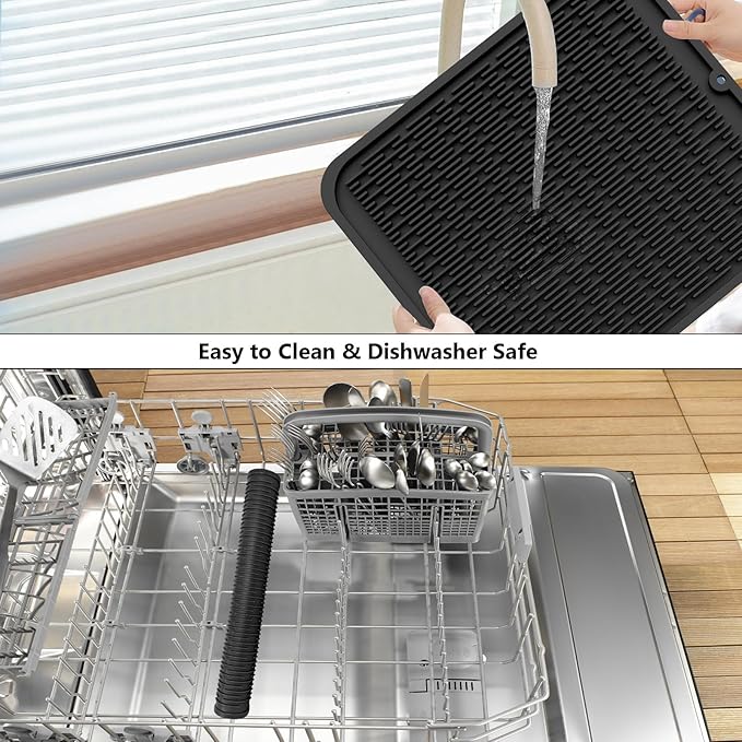 ZLR Large Silicone Dish Drying Mat (16" x 18") - XL Heavy Duty Drainboard Mat for Pots, Pans & Family Loads - Heat Resistant Trivet & Counter Protector, Easy Clean (Black)