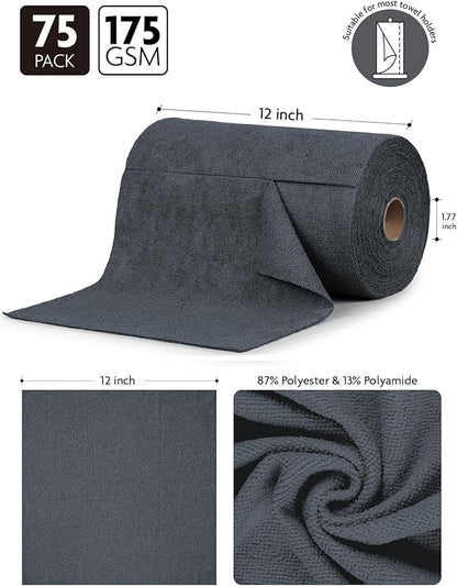 Fantasticlean Microfiber Cleaning Cloth Roll -75 Pack, Tear Away Microfiber Towels, 12" x 12", Reusable, Washable, Scratch Free, Ultra Absorbent for All-Around Cleaning Supplies (DimGray)