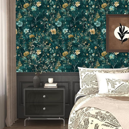 Vintage Floral Peel and Stick Wallpaper Boho Wallpaper 17.5''x393'' Teal/Blue/Yellow Wildflowers Vinyl Contact Paper Waterproof Self Adhesive Modern Stick on Wall Paper for Bedroom Wall Table Cabinet