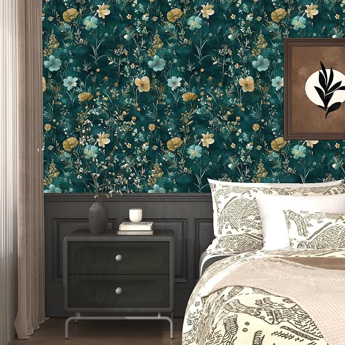 Laatse Teal/Blue/Yellow Floral Peel and Stick Wallpaper Boho Wallpaper 17.5"x118" Vintage Wildflowers Contact Paper Waterproof Self Adhesive Modern Stick on Wall Paper for Bedroom Walls Table Cabinet