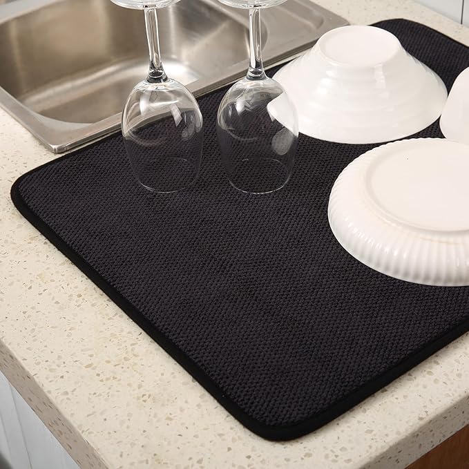 2 Pack Microfiber Dish Drying Mat for Kitchen Counter,Ultra Absorbent Dish Drainer Mat ,Dish Drying Pad , Dish Rack Mat 20×15 Inch (Black)