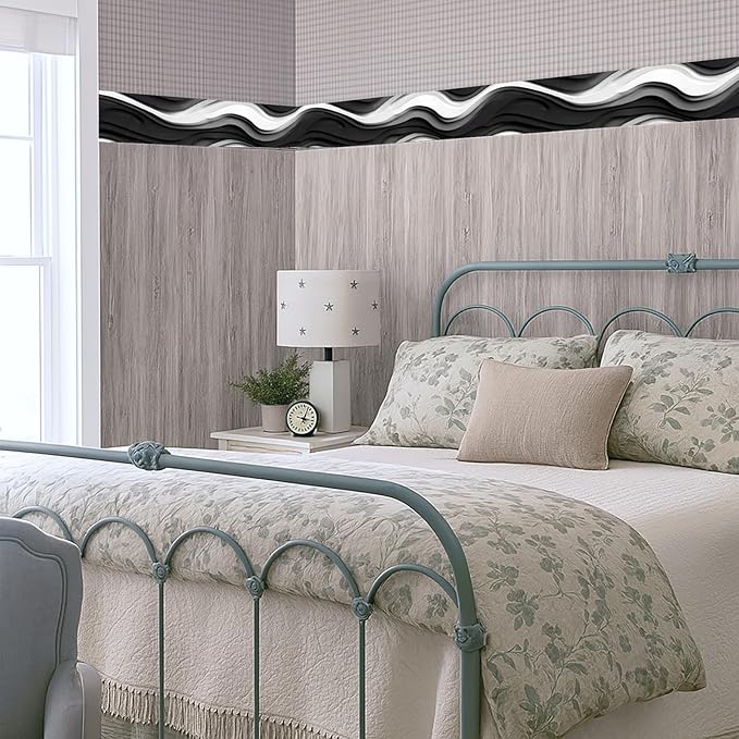 Black and White Wave Wallpaper Border 196x4 Inch Peel and Stick Wall Border Self Adhesive Modern Wall Trim Borders Removable for Kitchen Bathroom Bedroom Living Room Home Decor
