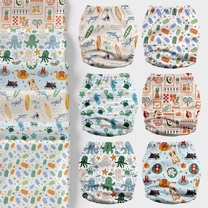 Mama Koala 3.0 Cloth Diapers for Babies with AWJ Lining, 6 Pack with 6 Natural Cloth Diaper Inserts - Reusable and Washable Pocket Diapers (in the Sea)
