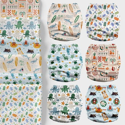 Mama Koala 3.0 Cloth Diapers for Babies with AWJ Lining, 6 Pack with 6 Natural Cloth Diaper Inserts - Reusable and Washable Pocket Diapers (in the Sea)