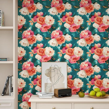 Watercolor Floral Wallpaper Peel and Stick, Blue and Pink Rose Flower Contact Paper Removable Waterproof Self-Adhesive Wall Paper for Bedroom Countertop Desk Cabinets Decor 17.4" x 78" Renter Friendly
