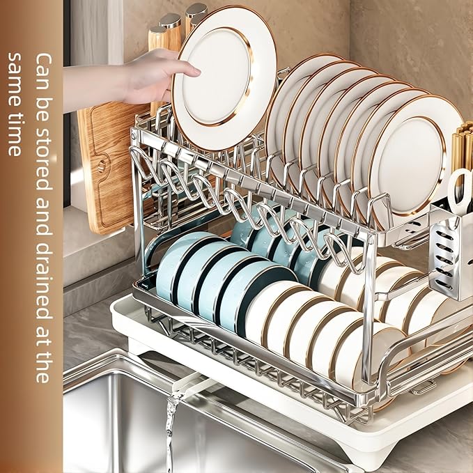 TarnorLe Double Layer Dish Drying Rack, Storage Super Large Bowl Dish Rack, Multifunctional Kitchen Countertop with Drain Pan, 304 Stainless Steel Kitchen Drying Rack, Tableware, Glass Drying Rack