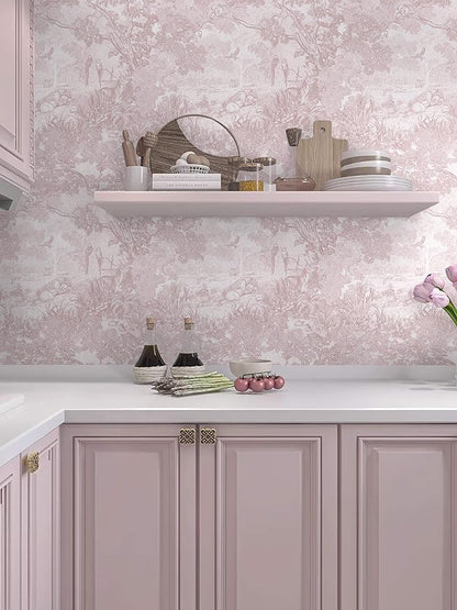 Heroad Peel and Stick Wallpaper Pink and White Vintage Forest Animals Floral Wallpaper Removable Self-Adhesive Contact Paper for Bedroom Living Room Cabinets Decoration Thicken Vinyl 17.3" x 197"