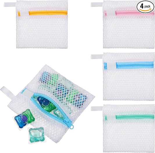 4 PCS Laundry Pod Anti-Sticking Bag Reusable Laundry Mesh Bag with Zipper Mini Pods Dissolution Protection Pacs Secure Holder for Detergent Pods Scent Beads Washer Safe Delicates
