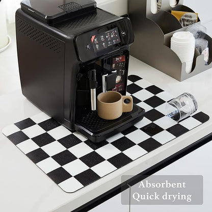 Ohocut Checkered Dish Drying Mat for Kitchen Counter, Coffee Bar Station Accessories, Retro Cute Aesthetic Modern Absorbent Drainer Mat Kitchen Drying Mat Easy Clean, Black 12" x 19"