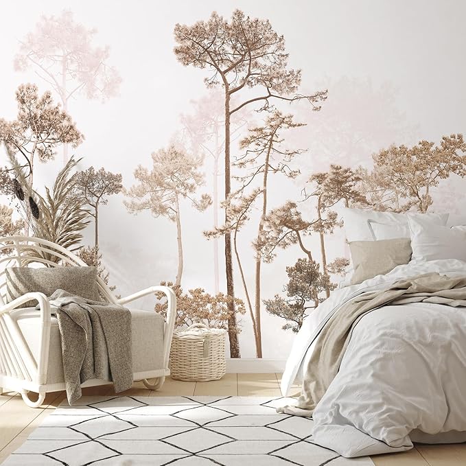 Zeeko Vintage Forest Beige Wall Murals Peel and Stick 144" W x 100" H Waterproof Canvas Self-Adhesive Removable Wallpaper Large Woodland Landscape Wall Art Decor for Bedroom Living Room