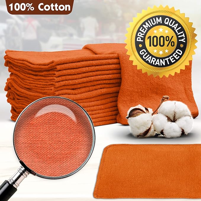 Nabob Wipers Auto Mechanic Shop Towels 100 Pack Bulk Rags 100% Cotton Commercial Grade Shop Rags Size 14"x14" (100 Pack, Orange)