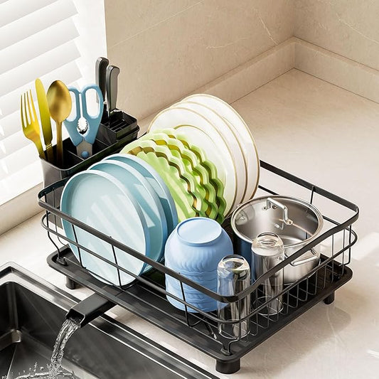 AIDERLY Iron Dish Drying Rack Auto Drain Dish Drainers Kitchen Counter Strainer with Draining Tray, All Black