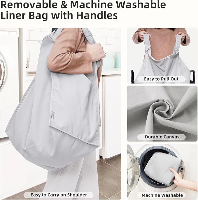 STORAGE MANIAC Rolling Laundry Hamper with Wheels 1-Section Laundry Sorter Rolling Laundrys Basket on Wheels with Removable Bag Clothes Hamper Laundrys Organizer Cart Bathroom Bedroom 90L Grey