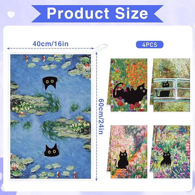 Black Cat Kitchen Towels, 4PCS Cat and Flower Dish Towels for Cooking Cleaning, Absorbent Aesthetic Decorative Tea Towel with Hanging Loop for Home Kitchen(16 X 24 Inches)