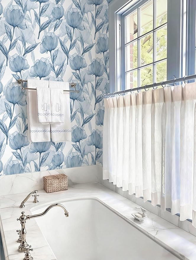 Heroad Blue Peel and Stick Wallpaper Boho Large Floral Contact Paper Modern Wall Paper Cabinets Waterproof Removable Self Adhesive Wallpaper for Bathroom Vinyl Roll 17.3"x393"