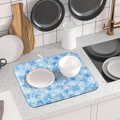 Winter Snowflake Dish Drying Mat for Kitchen Counter Blue White Christmas Snowflake Drying Mat 16x18 Inch Xmas Holiday Absorbent Dish Drainer Mat Christmas Kitchen Accessories
