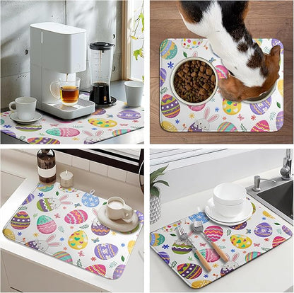 Happy Easter Bunny Dish Drying Mats Spring Floral Dish Mat Easter Cute Rabbit Eggs Drying Matt Dishes Dryer Pad for Kitchen Counter Absorbent Microfiber Washable Foldable Reusable 18x24 in
