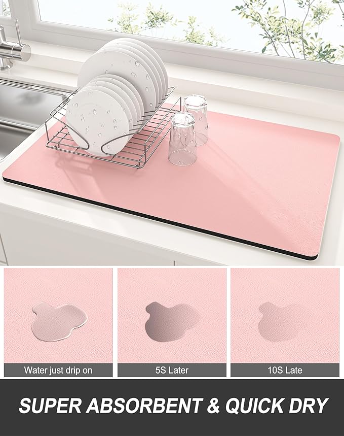 Rnivvi Dish Drying Mat for Kitchen Counter, 12 x 19" Super Absorbent Drainer Pad Easy Clean Dish Rack Pad, Non-Slip Heat Resistant Coffee Bar Mats for Coffee Machine Station Accessories Decor, Pink