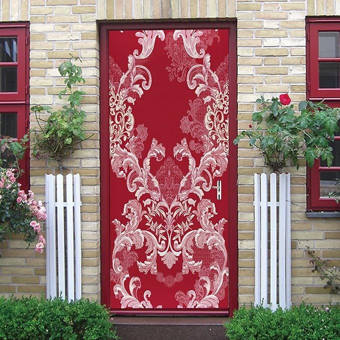 A.Monamour 3D Door Stickers for Interior Doors Damask Pattern of Flowers and Leaves in Red Color Vinyl Waterproof Self Adhesive Door Mural Decals for Bedroom Office Bathroom 77x200cm