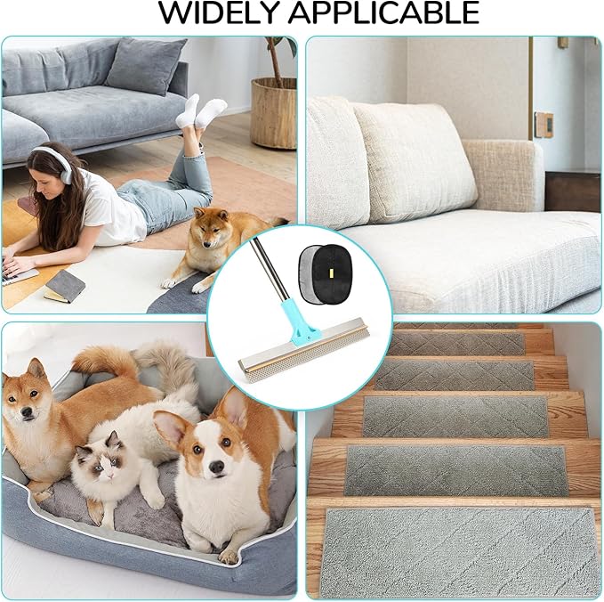 Carpet Rake for Pet Hair Removal, 2 in 1 TPU and Copper Rake Teeth, Adjustable Long Handle, Double-Sided Reusable Dog Cat Fur Remover with Hair Removal Glove, Pet Fur Rake for Rugs, Mats
