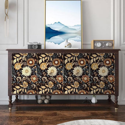 Extra Long Vintage Wallpaper Peel and Stick, 17.5" x 393" Boho Dark Floral Sunflower Contact Paper for Bedroom Cubicle Door, Retro Abstract Removable Antique Wall Paper Art Decor Black Orange