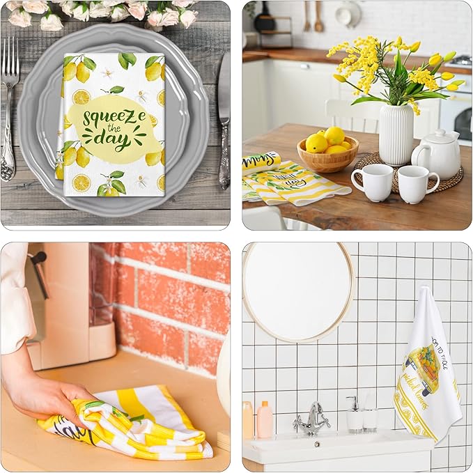 Zubebe 6 Pcs Lemon Kitchen Towels Summer Lemon Dish Cloth Set 18 x 28 Inch Ultra Absorbent Yellow Hand Cloths Tea Towels for Cooking Baking, Housewarming Gift for Home