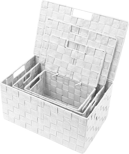 Sorbus Set of 3 Hand-Woven Storage Baskets with Lids – Decorative Wicker Organizers for Home, Closet, or Shelves (White)