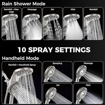 High Pressure Rain Shower Head with Handheld Spray Combo: Detachable Dual Shower Head with 10 Sprays Modes - Upgrade Knob Spray Mode Selector and Magnetic Guidance Docking System