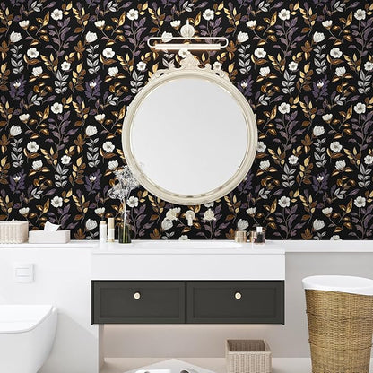 Fvlow Dark Floral Wallpaper Peel and Stick Vintage Gold Leaf Contact Paper Black Floral Wallpaper Waterproof Self-Adhesive Wall Covering for Bedroom Countertop Desk Cabinets 17.4" x 118"