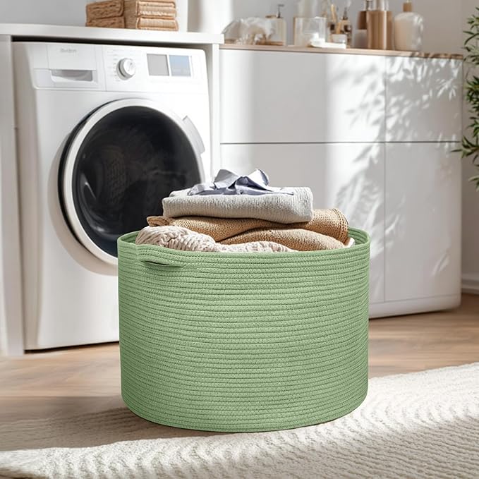 115L Oversized Green Basket, 23.6"x15.7" Woven Cotton Rope Bin for Blankets, Nursery Wicker Laundry Hamper, Kids Toy Storage Bin, Sage Green Living Room Bedroom Decor Baskets for Organizing