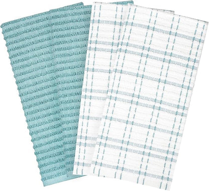 Ritz Royale Collection 100% Combed Terry Cotton, Highly Absorbent, Kitchen Towel Set, 13-3/4" x 12", 4-Pack, Solid & Checked, Dew