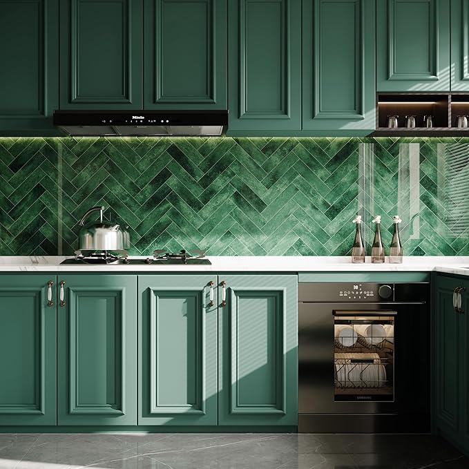 COLAMO 22PCS Green Peel and Stick Backsplash, Self Adhesive Glossy Subway Tile, Brick Mosaic Tile Stick on Backsplash for Kitchen, Bathroom, RV, Accent Wall