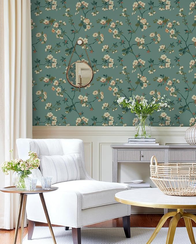 Timeet Floral Wallpaper Peel and Stick Wallpaper Boho Blue/PeachPuff/Green Retro Wall Decor Bedroom Living Room Wall Decor Self Adhesive Removable Mural 16.14in*118.11in